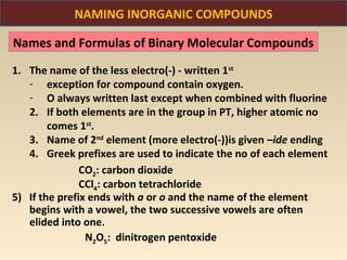 NAMING INORGANIC COMPOUNDS

Names and Formulas of Binary Molecular Compounds

1. The name of the less electro(-) - written 1st
   - exception for compound contain oxygen.
   - O always written last except when combined with fluorine
   2. If both elements are in the group in PT, higher atomic no
        comes 1st.
   3. Name of 2nd element (more electro(-))is given –ide ending
   4. Greek prefixes are used to indicate the no of each element
               CO2: carbon dioxide
               CCl4: carbon tetrachloride
5) If the prefix ends with a or o and the name of the element
   begins with a vowel, the two successive vowels are often
   elided into one.
                N2O5: dinitrogen pentoxide
 