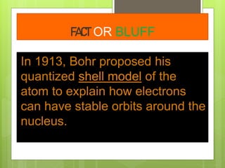 FACT OR BLUFF
In 1913, Bohr proposed his
quantized shell model of the
atom to explain how electrons
can have stable orbits around the
nucleus.
 
