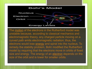 The motion of the electrons in the Rutherford model was
unstable because, according to classical mechanics and
electromagnetic theory, any charged particle moving on a
curved path emits electromagnetic radiation; thus, the
electrons would lose energy and spiral into the nucleus. To
remedy the stability problem, Bohr modified the Rutherford
model by requiring that the electrons move in orbits of fixed
size and energy. The energy of an electron depends on the
size of the orbit and is lower for smaller orbits.
 