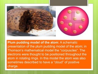 Plum pudding model of the atom: A schematic
presentation of the plum pudding model of the atom; in
Thomson’s mathematical model the “corpuscles”. The
electrons were thought to be positioned throughout the
atom in rotating rings. In this model the atom was also
sometimes described to have a “cloud” of positive
charge.
 