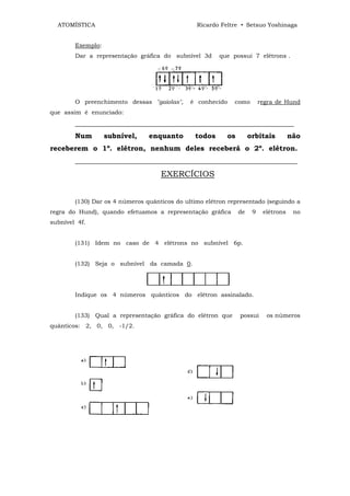 ATOMÍSTICA                                    Ricardo Feltre • Setsuo Yoshinaga


        Exemplo:
        Dar a representação gráfica do subnível 3d      que possui 7 elétrons .




        O preenchimento dessas "gaiolas",     é conhecido    como        regra de Hund
que assim é enunciado:
        ______________________________________________________________
        Num        subnível,    enquanto        todos     os        orbitais         não
receberem o 1º. elétron, nenhum deles receberá o 2º. elétron.
        _______________________________________________________________
                                    EXERCÍCIOS


        (130) Dar os 4 números quânticos do ultimo elétron representado (seguindo a
regra do Hund), quando efetuamos a representação gráfica       de    9    elétrons    no
subnível 4f.


        (131) Idem no caso de 4 elétrons no subnível 6p.


        (132) Seja o subnível da camada 0.




        Indique os 4 números quânticos do elétron assinalado.


        (133) Qual a representação gráfica do elétron que      possui      os números
quânticos: 2, 0, 0, -1/2.
 
