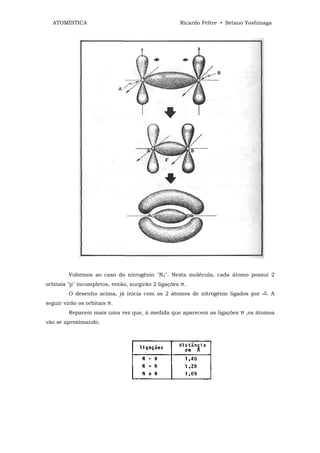 ATOMÍSTICA                                        Ricardo Feltre • Setsuo Yoshinaga




         Voltemos ao caso do nitrogênio "N2". Nesta molécula, cada átomo possui 2
orbitais "p" incompletos, então, surgirão 2 ligações π.
         O desenho acima, já inicia com os 2 átomos de nitrogênio ligados por      . A
seguir virão os orbitais π.
         Reparem mais uma vez que, à medida que aparecem as ligações π ,os átomos
vão se aproximando.
 