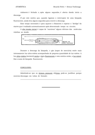 ATOMÍSTICA                                           Ricardo Feltre • Setsuo Yoshinaga


         cialmente é fechada e, após alguns segundos, é aberta dando início a
descarga.
         É por este motivo que, quando ligamos o interruptor de uma lâmpada
fluorescente, ainda leva alguns segundos para ocorrer a descarga.
         Esse tempo necessário é para aquecer o filamento e esperar o "desliga" do
starter,que é realizado automaticamente após determinado tempo no circuito.
         A alta tensão inicial é capaz de "succionar" alguns elétrons das          moléculas
vizinhas ao ânodo.




         Durante a descarga da lâmpada, o gás (vapor de mercúrio) emite mais
intensamente luz ultra-violeta acompanhada de pequena quantidade de luz violeta. A
luz ultra-violeta (invisível) excita a tinta fluorescente e esta emitira então, a luz visível.
Dai o nome de lâmpada fluorescente.




         CONCLUSÃO:
         ____________________________________________________________________________
         Admitindo-se que os átomos possuem elétrons pode-se justificar porque
ocorrem descargas em tubos de Geissler.
         ____________________________________________________________________________




                                       ════════════════
 