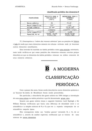 ATOMÍSTICA                                    Ricardo Feltre • Setsuo Yoshinaga


                                          classificação periódica dos elementos-5




        2º.) Desrespeitou a "ordem das massas atômicas" para as posições de Telúrio
e Iodo de modo que esses elementos caissem em colunas verticais onde já houvesse
outros elementos semelhantes.
        Esta inversão foi mantida na tabela periódica como uma exceção; entretanto,
mais tarde verificou-se que essas posições dos elementos estavam corretas porque
descobriu-se que os elementos da tabela periódica estavam na ordem crescente de
seus números atômicos.
                                   ═══════════════




                                        B         A MODERNA

                                        CLASSIFICAÇÃO
                                                     PERIÓDICA
        Com o passar dos anos, foram sendo descobertos novos elementos químicos e
as "lacunas" da tabela de Mendeleyev foram sendo preenchidas.
        Em particular, a descoberta dos gases nobres em 1894 obrigou a introdução
de uma nova coluna na tabela primitiva e que foi denominada grupo zero.
        Quanto aos gases nobres temos o seguinte histórico: Lord Rayleigh e Sir
William Ramsay verificaram que havia uma diferença de densidade entre o ar
atmosférico e a simples mistura de N2 e O2 que era a suposta composição do ar
atmosférico naquela época.
        Eles conseguiram isolar um "resíduo gasoso" extraindo N2 e O2 do ar
atmosférico e, através da análise espectral, verificaram que se tratava   de   uma
mistura de novos elementos.
 