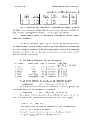 ATOMÍSTICA                                       Ricardo Feltre • Setsuo Yoshinaga


                                                classificação periódica dos elementos-5




           Com a descoberta das configurações eletrônicas dos átomos, a tabela
periódica recebeu uma nova interpretação através do estudo do número de elétrons.
Este estudo foi iniciado por Bohr em 1922 e será discutido logo adiante.
           Existem diversas formas de apresentação para periódica moderna porém,
todas são equivalentes.


           Uma das mais usadas é a forma longa. A seqüência dos elementos é disposta
na ordem crescente de seus números atômicos, em linhas horizontais, denominadas
períodos. Tomou-se o cuidado de deixar na mesma coluna, elementos de propriedades
químicas semelhantes. Em ou trás palavras: "elementos da mesma coluna vertical
formam compostos semelhantes".


           A) OS SETE PERÍODOS             (linhas horizontais)
- o primeiro         muito curto     com    2 elementos:       H eHe (a po
                                                              sição do H é discutível!
-   o   segundo         curto        com    8   elementos:     do Li ao Ne
-   o   terceiro         curto       com    8    elementos:     do Na ao Ar
-   o   quarto           longo       com   18   elementos:     do K ao Kr
-   o   quinto           longo       com   18   elementos:     do Rb ao Xe
-   o   sexto        muito longo     com   32   elementos:     do Cs ao Rn
-   o   sétimo        incompleto     com   17   elementos:     do Fr ao Lw

           B) AS DUAS SÉRIES OU FAMÍLIAS DE "TERRAS RARAS"
           - os Lantanídios         com 15 elementos:         do La ao Lu
           Esses quinze elementos deveriam ficar todos na"3a. casa" do 6º. periódo; por
comodidade, foram escritos numa linha fora da tabela.
           - os Actinídios          com 15 elementos:         do Ac ao Lw
           Esses quinze elementos (a maioria deles artificiais) deveriam estar na "3a.
casa" do 7º. periódo, mas também costuma-se colocá-los numa linha à parte.


           C) AS DEZOITO COLUNAS
           Cada coluna reúne os elementos químicos que mais se assemelham
           entre si e na formação de compostos.
           As dezoito colunas formam nove grupos de famílias de elementos.
           - os grupos 1 a 7 formam os sub-grupos A e B
 