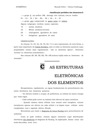 ATOMÍSTICA                                         Ricardo Feltre • Setsuo Yoshinaga


                                                classificação periódica dos elementos-5
         - o grupo 8 (ou melhor 8B) abrange três colunas, com as tríades
         Fe - Co - Ni / Ru - Rh - Pd / Os - Ir - Pt
         - o grupo zero compreende os gases raros ou nobres.
         Alguns subgrupos recebem nomes especiais:
         1A     -   metais alcalinos
         2A     -   Metais alcalinos-terrosos
         6A     -   chalcogênios (geradores de calor)
         7A     -   halogênios (geradores de sais)


         OBSERVAÇÕES:
         As colunas 1A, 2A, 3A, 4A, 5A, 6A, 7 A e zero representam, de certa forma, a
parte mais importante da Tabela Periódica, pois aí estão os elementos químicos cujas
propriedades variam mais regularmente -"são os elementos típicos", "elementos
normais" ou "elementos caracteíisticos".
         Nas colunas 3B, 4B, 5B, 6B, 7B e 8B (coluna tripla) estão os "elementos     de
transição".
                                       ═════════════



                                  C             AS ESTRUTURAS

                                                     ELETRÔNICAS
                                           DOS ELEMENTOS
         Recapitulemos, rapidamente, as regras fundamentais do preenchimento dos
níveis eletrônicos dos elementos químicos.
         - Os elétrons tendem a ocupar, de preferência, os orbitais de menor energia
que estão vagos.
         - Cada orbital pode conter no máximo dois elétrons de spins contrários.
         -    Quando existem vários orbitais num mesmo nível energético, entrará
inicialmente apenas um elétron em cada orbital e só depois esses        orbitais   serão
completados com o segundo elétron (Hund).
         Recordemos que existe o diagrama de Linus Pauling para preenchimento de
subníveis.
         Como se pode verificar, existem alguns elementos cujas distribuições
eletrônicas não obedecem ao diagrama de Pauling. As explicações desses casos não
serão discutidas neste livro.
 