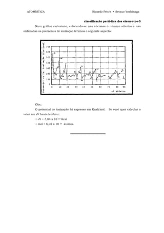 ATOMÍSTICA                                      Ricardo Feltre • Setsuo Yoshinaga


                                            classificação periódica dos elementos-5
        Num gráfico cartesiano, colocando-se nas abcissas o número atômico e nas
ordenadas os potenciais de ionização teremos o seguinte aspecto:




        Obs.:
        O potencial de ionização foi expresso em Kcal/mol.   Se você quer calcular o
valor em eV basta lembrar:
        1 eV = 3,84 x 10‾23 Kcal
        1 mol = 6,02 x 10   23   átomos


                                     ══════════════════
 