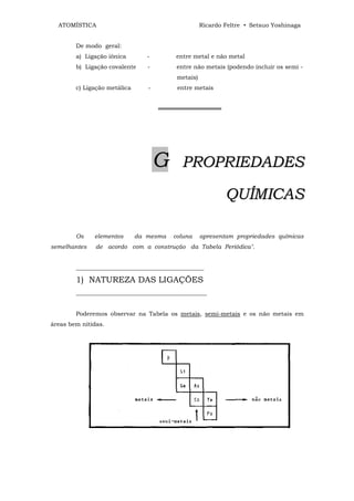 ATOMÍSTICA                                        Ricardo Feltre • Setsuo Yoshinaga


        De modo geral:
        a) Ligação iônica        -       entre metal e não metal
        b) Ligação covalente     -        entre não metais (podendo incluir os semi -
                                          metais)
        c) Ligação metálica      -        entre metais


                                     ═══════════════




                                     G     PROPRIEDADES

                                                            QUÍMICAS

        Os    elementos       da mesma   coluna     apresentam propriedades químicas
semelhantes    de acordo com a construção da Tabela Periódica".


        ___________________________________________

        1) NATUREZA DAS LIGAÇÕES
        ____________________________________________


        Poderemos observar na Tabela os metais, semi-metais e os não metais em
áreas bem nítidas.
 