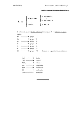 ATOMÍSTICA                                          Ricardo Feltre • Setsuo Yoshinaga


                                               classificação periódica dos elementos-5




    O valor de x ,para os óxidos máximos do subgrupo A, é o número do grupo.
    Assim:
    Na   ------------     grupo   I
    Ca   ------------     grupo   II
    Al   ------------     grupo   III
    C    ------------     grupo   IV
    N    ------------     grupo   V
    S    ------------     grupo   VI
    Cl   ------------     grupo   VII           formam os seguintes óxidos máximos




             Na2O ------------        iônico
             CaO ------------         iônico
             A12O3 ------------       iônico
             C02   ------------       molecular
             N2O5 ------------        molecular
             S03   ------------       molecular
             C1207------------    molecular




                                       ═════════════
 