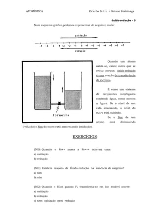 ATOMÍSTICA                                     Ricardo Feltre • Setsuo Yoshinaga


                                                                       óxido-redução - 6
        Num esquema gráfico,podemos representar do seguinte modo:




                                                                 Quando      um    átomo
                                                        oxida-se, existe outro que se
                                                        reduz porque, óxido-redução
                                                        é uma reação de transferência
                                                        de elétrons.


                                                                 É como um sistema
                                                        de   recipientes     interligados
                                                        contendo água, como mostra
                                                        a figura. Se o nível de um
                                                        está abaixando, o nível do
                                                        outro está subindo.
                                                                 Se     o   Nox   de   um
                                                        átomo     está       diminuindo
(redução) o Nox do outro está aumentando (oxidação) .


                                     EXERCÍCIOS


        (500) Quando o Fe++ passa a Fe+++ ocorreu uma:
        a) oxidação
        b) redução


        (501) Existem reações de Óxido-redução na ausência de oxigênio?
        a) sim
        b) não


        (502) Quando o flúor gasoso F2 transforma-se em íon estável ocorre:
        a) oxidação
        b) redução
        c) nem oxidação nem redução
 