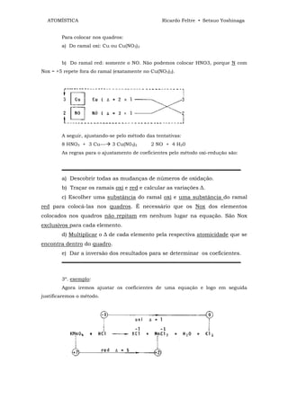 ATOMÍSTICA                                     Ricardo Feltre • Setsuo Yoshinaga


        Para colocar nos quadros:
        a) Do ramal oxi: Cu ou Cu(NO3)2


        b) Do ramal red: somente o NO. Não podemos colocar HNO3, porque N com
Nox = +5 repete fora do ramal (exatamente no Cu(NO3)2).




        A seguir, ajustando-se pelo método das tentativas:
        8 HNO3 + 3 Cu---     3 Cu(N03)2      2 NO + 4 H20
        As regras para o ajustamento de coeficientes pelo método oxi-redução são:


        ▬▬▬▬▬▬▬▬▬▬▬▬▬▬▬▬▬▬▬▬▬▬▬▬▬▬▬▬▬▬▬▬▬▬▬▬▬
        a) Descobrir todas as mudanças de números de oxidação.
        b) Traçar os ramais oxi e red e calcular as variações ∆.
        c) Escolher uma substância do ramal oxi e uma substância do ramal
red para colocá-las nos quadros. É necessário que os Nox dos elementos
colocados nos quadros não repitam em nenhum lugar na equação. São Nox
exclusivos para cada elemento.
        d) Multiplicar o ∆ de cada elemento pela respectiva atomicidade que se
encontra dentro do quadro.
        e) Dar a inversão dos resultados para se determinar os coeficientes.
        ▬▬▬▬▬▬▬▬▬▬▬▬▬▬▬▬▬▬▬▬▬▬▬▬▬▬▬▬▬▬▬▬▬▬▬▬▬


        3º. exemplo:
        Agora iremos ajustar os coeficientes de uma equação e logo em seguida
justificaremos o método.
 