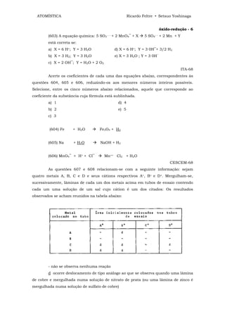 ATOMÍSTICA                                            Ricardo Feltre • Setsuo Yoshinaga


                                                                              óxido-redução - 6
        (603) A equação química: 5 SO3   --   + 2 MnO4‾ + X      5   SO4- -   + 2 Mn + Y
        está correta se:
        a) X = 6 H+; Y = 3 H2O                 d) X = 6 H+; Y = 3 0H‾+ 3/2 H2
        b) X = 3 H2; Y = 3 H2O                 e) X = 3 H2O ; Y = 3 0H‾
        c) X = 2 OH‾; Y = H2O + 2 O2
                                                                                           ITA-68
        Acerte os coeficientes de cada uma das equações abaixo, correspondentes às
questões 604, 605 e 606, reduzindo-os aos menores números inteiros possíveis.
Selecione, entre os cinco números abaixo relacionados, aquele que corresponde ao
coeficiente da substância cuja fórmula está sublinhada.
        a) 1                                     d) 4
        b) 2                                     e) 5
        c) 3


         (604) Fe     + H2O        Fe3O4 + H2


        (605) Na      + H2O         NaOH + H2


        (606) MnO4‾ + H+ + Cl‾         Mn++ Cl2         + H2O
                                                                                   CESCEM-68
        As questões 607 e 608 relacionam-se com a seguinte informação: sejam
quatro metais A, B, C e D e seus cátions respectivos A+, B+ e D+. Mergulham-se,
sucessivamente, lâminas de cada um dos metais acima em tubos de ensaio contendo
cada um uma solução de um sal cujo cátion é um dos citados: Os resultados
observados se acham reunidos na tabela abaixo:




        - não se observa nenhuma reação
        d ocorre deslocamento de tipo análogo ao que se observa quando uma lâmina
de cobre e mergulhada numa solução de nitrato de prata (ou uma lâmina de zinco é
mergulhada numa solução de sulfato de cobre)
 