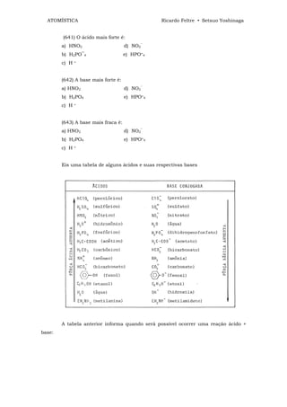 ATOMÍSTICA                                     Ricardo Feltre • Setsuo Yoshinaga


        (641) O ácido mais forte é:
        a) HNO2                      d) NO2‾
        b) H2PO‾4                    e) HPO=4
        c) H   +




        (642) A base mais forte é:
        a) HNO2                      d) NO2‾
        b) H2PO4                     e) HPO=4
        c) H   +




        (643) A base mais fraca é:
        a) HNO2                      d) NO2‾
        b) H2PO4                     e) HPO=4
        c) H   +




        Eis uma tabela de alguns ácidos e suas respectivas bases




        A tabela anterior informa quando será possível ocorrer uma reação ácido +
base:
 