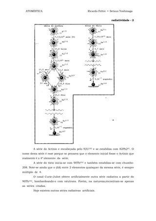 ATOMÍSTICA                                           Ricardo Feltre • Setsuo Yoshinaga


                                                                        radiatividade - 2




           A série do Actínio e encabeçada pelo 92U235 e se estabiliza com 82Pb207. O
nome desta série é esse porque se pensava que o elemento inicial fosse o Actínio que
realmente é o 4º.elemento da série.
           A série do tório inicia-se com 90ThZ32 e também estabiliza-se com chumbo-
208. Note-se ainda que o (∆A) entre 2 elementos quaisquer da mesma série, é sempre
múltiplo de 4.
           O casal Curie-Juliot obteve artificialmente outra série radiativa a partir do
90Th232,   bombardeando-o com nêutrons. Porém, na natureza,encontram-se apenas
as séries citadas.
           Hoje existem outras séries radiativas artificiais.
 