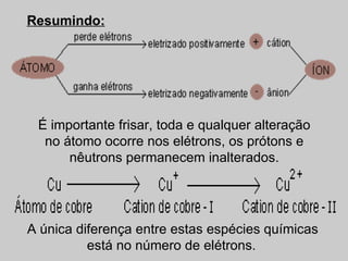Resumindo:




 É importante frisar, toda e qualquer alteração
  no átomo ocorre nos elétrons, os prótons e
      nêutrons permanecem inalterados.




A única diferença entre estas espécies químicas
          está no número de elétrons.
 