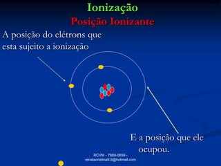 Ionização
                 Posição Ionizante
A posição do elétrons que
esta sujeito a ionização




                                             E a posição que ele
                         RCVM - 7889-0659 -
                                               ocupou.
                    renatacristina9.9@hotmail.com
 