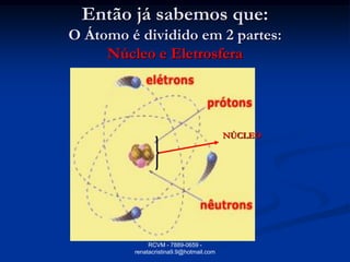 Então já sabemos que:
O Átomo é dividido em 2 partes:
     Núcleo e Eletrosfera




                                         NÚCLEO




              RCVM - 7889-0659 -
         renatacristina9.9@hotmail.com
 