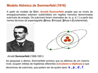 Modelo Atômico de Sommerfeld (1916) A partir do modelo de Böhr,  Arnold Sommerfeld  propôs que os níveis de energia(camadas) estariam subdivididos em regiões menores denominadas subníveis de energia. Os subníveis foram chamados de: (s, p, d, f ) a partir dos nomes técnicos da espectografia ( S harp,  P rincipal,  D ifuse e  F undamental). Ao pesquisar o átomo, Sommerfeld concluiu que os elétrons de um mesmo nível, ocupam órbitas de trajetórias diferentes ( circulares e elípticas ) a que denominou de subníveis, que podem ser de quatro tipos:  s , p , d , f  .  Arnold  Sommerfeld  (1868-1951)  