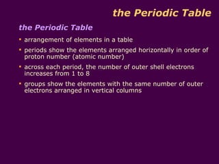 the Periodic Table
the Periodic Table
 arrangement of elements in a table
 periods show the elements arranged horizontally in order of
  proton number (atomic number)
 across each period, the number of outer shell electrons
  increases from 1 to 8
 groups show the elements with the same number of outer
  electrons arranged in vertical columns
 