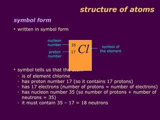 structure of atoms
symbol form
 written in symbol form

              nucleon


                                Cl
              number       35         symbol of
               proton      17        the element
               number


 symbol tells us that the atom
  o is of element chlorine

  o has proton number 17 (so it contains 17 protons)

  o has 17 electrons (number of protons = number of electrons)

  o has nucleon number 35 (so number of protons + number of

    neutrons = 35)
  o it must contain 35 – 17 = 18 neutrons
 