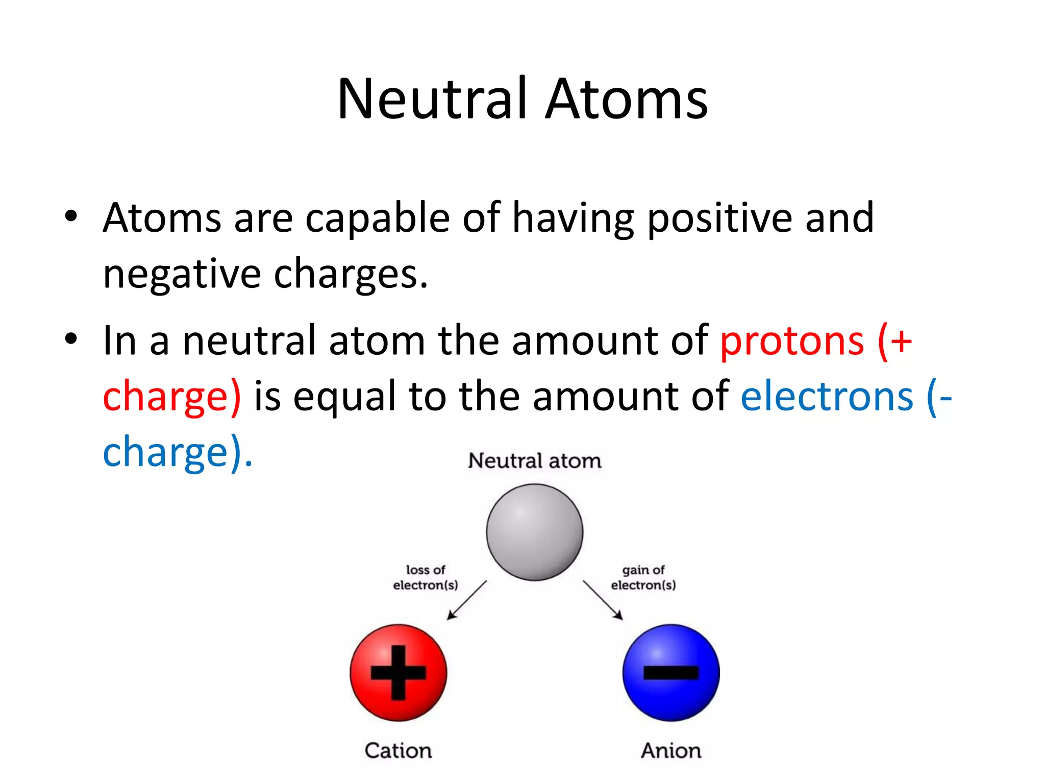 Neutral Atoms
• Atoms are capable of having positive and
negative charges.
• In a neutral atom the amount of protons (+
charge) is equal to the amount of electrons (-
charge).
 