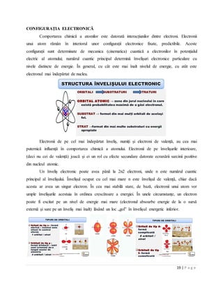 19 | P a g e
CONFIGURAŢIA ELECTRONICĂ
Comportarea chimică a atomilor este datorată interacțiunilor dintre electroni. Electronii
unui atom rămân în interiorul unor configurații electronice fixate, predictibile. Aceste
configurații sunt determinate de mecanica (cinematica) cuantică a electronilor în potențialul
electric al atomului; numărul cuantic principal determină învelișuri electronice particulare cu
nivele distincte de energie. În general, cu cât este mai înalt nivelul de energie, cu atât este
electronul mai îndepărtat de nucleu.
Electronii de pe cel mai îndepărtat înveliș, numiți și electroni de valență, au cea mai
puternică influență în comportarea chimică a atomului. Electronii de pe învelișurile interioare,
(deci nu cei de valență) joacă și ei un rol cu efecte secundare datorate ecranării sarcinii pozitive
din nucleul atomic.
Un înveliș electronic poate avea până la 2n2 electroni, unde n este numărul cuantic
principal al învelișului. Învelișul ocupat cu cel mai mare n este învelișul de valență, chiar dacă
acesta ar avea un singur electron. În cea mai stabilă stare, de bază, electronii unui atom vor
umple învelișurile acestuia în ordinea crescătoare a energiei. În unele circumstanțe, un electron
poate fi excitat pe un nivel de energie mai mare (electronul absoarbe energie de la o sursă
externă și sare pe un înveliș mai înalt) lăsând un loc „gol” în învelișul energetic inferior.
 