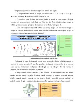 21 | P a g e
Ocuparea cu electroni a orbitalilor se produce urmând trei reguli:
1. Se ocupă mai întâi orbitalii cu energia cea mai scăzută: 1s → 2s → 2p → 3s→ 3p →
4s → 3d ... (orbitalul 4s are energie mai scăzută decât 3d).
2. Electronii se rotesc în jurul axei proprii (spin), iar rotația se poate produce în două
sensuri, fapt reprezentat prin două săgeți: sus (↑) și jos (↓). Doar doi electroni pot ocupa un
orbital, și ei au spin opus (principiul de excluziune al lui Pauli¸ vezi figura 2).
3. Dacă sunt disponibili mai mulți orbitali cu aceeași energie (ex. cei trei orbitali p), se
ocupă cu câte un electron fiecare orbital până când toți orbitalii sunt semi-ocupați, și apoi se
ocupă cu cel de-al doilea electron (regula lui Hund).
Nivelele energetice ale orbitalilor dintr-un atom
Configurația în stare fundamentală a unui atom reprezintă o listă a orbitalilor ocupați cu
electroni în atomul respectiv. De ex., hidrogenul are configurația electronică 1s1 , iar carbonul
(care are șase electroni) are configurația 1s2 2s2 2p2 (sau 1s2 2s2 2px 1 2py 1 ). Numărul de
electroni din fiecare orbital este notat ca exponent.
Pe lângă numărul cuantic principal n, unui electron i se mai asociază încă trei numere
cuantice: numărul cuantic secundar l (număr cuantic azimutal, ce descrie momentul unghiular
orbital), numărul cuantic magnetic m (ce descrie direcția vectorului moment unghiular) și
numărul cuantic de spin s (ce descrie direcția momentului unghiular intrinsec al electronului).
 