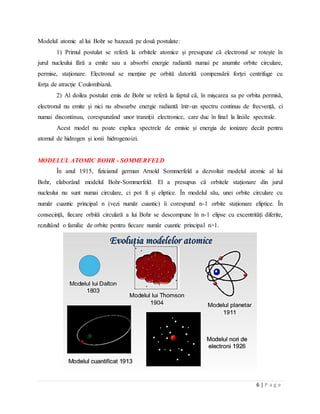 6 | P a g e
Modelul atomic al lui Bohr se bazează pe două postulate:
1) Primul postulat se referă la orbitele atomice și presupune că electronul se rotește în
jurul nucleului fără a emite sau a absorbi energie radiantă numai pe anumite orbite circulare,
permise, staționare. Electronul se menține pe orbită datorită compensării forței centrifuge cu
forța de atracție Coulombiană.
2) Al doilea postulat emis de Bohr se referă la faptul că, în mișcarea sa pe orbita permisă,
electronul nu emite și nici nu absoarbe energie radiantă într-un spectru continuu de frecvență, ci
numai discontinuu, corespunzând unor tranziții electronice, care duc în final la liniile spectrale.
Acest model nu poate explica spectrele de emisie și energia de ionizare decât pentru
atomul de hidrogen și ionii hidrogenoizi.
MODELUL ATOMIC BOHR - SOMMERFELD
În anul 1915, fizicianul german Arnold Sommerfeld a dezvoltat modelul atomic al lui
Bohr, elaborând modelul Bohr-Sommerfeld. El a presupus că orbitele staționare din jurul
nucleului nu sunt numai circulare, ci pot fi și eliptice. În modelul său, unei orbite circulare cu
număr cuantic principal n (vezi număr cuantic) îi corespund n-1 orbite staționare eliptice. În
consecință, fiecare orbită circulară a lui Bohr se descompune în n-1 elipse cu excentrități diferite,
rezultând o familie de orbite pentru fiecare număr cuantic principal n>1.
 