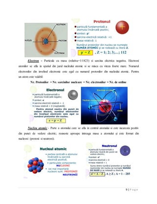 9 | P a g e
Electron - Particula cu masa (relativa=1/1823) si sarcina electrica negativa. Electroni
atomilor se afla in spatiul din jurul nucleului atomic si se misca cu viteza foarte mare. Numarul
electronilor din invelisul electronic este egal cu numarul protonilor din nucleului atomic. Pentru
un atom este valabil:
Nr. Protonilor = Nr. sarcinilor nucleare = Nr. electronilor = Nr. de ordine
Nucleu atomic - Parte a atomului care se afla in centrul atomului si este incarcata pozitiv
din punct de vedere electric; reuneste aproape intreaga masa a atomului şi este format din
nucleoni (protoni si neutroni).
 