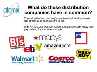 What do these distribution
companies have in common?
They all sell other company’s merchandize! And you need
lots of money to open a store to sell.
With ATOMY you can start selling popular products today and
pay nothing for a store or storage.
 