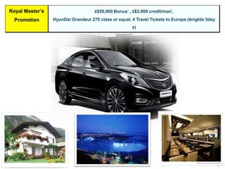 Royal Master’s
Promotion
±$50,000 Bonus* , ±$2,000 credit/mon*,
HyunDai Grandeur 270 class or equal, 4 Travel Tickets to Europe (4nights 5day
s)
 