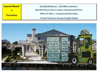 Imperial Master’
s
Promotion
±$1,000,000 Bonus* , ±$10,000 credit/mon*,
HyunDai Equus Limo or equal, company paid Driver,
Office of 165m2 , company paid Secretary,
4 Travel Tickets to Europe (7nights 8days)
 