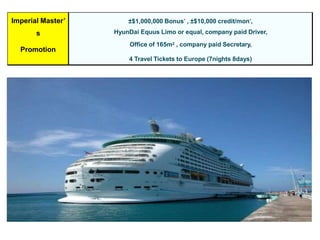 Imperial Master’
s
Promotion
±$1,000,000 Bonus* , ±$10,000 credit/mon*,
HyunDai Equus Limo or equal, company paid Driver,
Office of 165m2 , company paid Secretary,
4 Travel Tickets to Europe (7nights 8days)
 