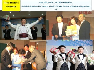 Royal Master’s
Promotion
±$50,000 Bonus* , ±$2,000 credit/mon*,
HyunDai Grandeur 270 class or equal, 4 Travel Tickets to Europe (4nights 5day
s)
 