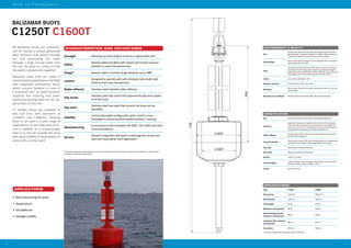 1918
Aids to Navigation
BALIZAMAR BUOYS
All Balizamar buoys are characteri-
sed for having a unique galvanized
steel structure that passes through
the hull transmiting the loads
through a large circular plate onto
the hull. No joints or screws to hold
the plastic components together.
Balizamar buoy hulls are made of
rotomoulded polyethylene and filled
with expanded polystyrene foam,
which ensures flotation in case of
a breached skin. Its steel structure
supports the mooring and tower
evenly distributing loads on the up-
per surface of the hull.
CT models buoys are available in
two hull sizes with diameters of
1,250mm and 1,600mm, allowing
them to be used in a wide range of
applications. Its 6m long steel struc-
ture in addition to a counterweight
built in to the tail provide the buoy
with great stability in deep waters or
areas with a strong swell.
C1250T C1600T
APPLICATIONS
•	 Main beaconing for ports
•	 Aquaculture
•	 Oil platforms
•	 Sewage outfalls
CHARACTERISTICS AND ADVANTAGES
Strength Mooring eye and integral structure in galvanized steel
Safety
Rotomoulded hull filled with closed cell PS foam ensures
flotation in case of breached skin
Range* Beacons with a nominal range between up to 7NM
Lantern
Designed to operate with self-contained and small sized
lanterns from any manufacturer
Radar reflector Stainless steel trihedral radar reflector
Day marks
Stainless steel day marks that improve the day time visibili-
ty of the buoy
Top mark
Stainless steel top mark that ensures the buoy can be
identified
Stability
Intrinsically stable configuration with a built in coun-
terweight to assure positive stability without mooring
Manufacturing
In accordance with standards ISO 9001, ISO 14001 and IALA
recommendations
Service
Almarin’s engineers will assist in selecting the correct pro-
duct and mooring for each application
ENVIRONMENT & QUALITY
SPECIFICATIONS*
Type C1250T C1600T
Hull volume 1670 litres 2600 litres
Hull diameter 1250 mm 1600 mm
Total weight 520 kg 570 kg
Maximum mooring load 600 kg 1200 kg
Reserve buoyancy with
maximum mooring load
580 kg 900 kg
Freeboard with maximum
mooring load
480 mm 450 mm
Focal plane 3500 mm 3500 mm
CONSTRUCTION
Hull Rotomoulded MDPE thyroid filled with expanded polystyrene
Structure
Single tube that passes through the centre of the hull. Mooring eye
on its lower side connected to the mooring and a centre plate that
transfers the loads to the hull. Manufactured using ST275JR steel and
subsequently hot dip galvanized. Painted superstructure
Radar reflector
Trihedral radar reflector with 24 sides and manufactured in stainless
steel AISI 304 and painted
Top mark bracket￼￼
Manufactured using S275JR steel and subsequently hot dip galvanized
and painted. Two models to allow using different size lanterns
Top mark Stainless steel AISI 304 and painted
Day marks Stainless steel AISI 304 and painted
Anodes 5 kg of zinc anodes
Counterweight
In 40 kg modules that can be adapted depending on the application.
Standard: C1250T - 80 kg // C1600T - 120 kg
Screws Stainless steel A2
Hull
Rotomoulded medium density filled with expanded polystyrene and
pigmented with a maximum strength UV inhibitor. Water resistant up
to 100ºC and resistant to most acids and common solvents
Galvanization
All the carbon steel components are hot dip galvanized in accordance
with standard ISO 1461:1999
Paint
The exposed metal components of the super structure are treated in
accordance with the 4-stage paint scheme: passivation and degrea-
sing-epoxy primer for adherence and finish with two coats of two-part
polyurethane paint. Final thickness greater than 120 microns
Colour In accordance with IALA E -108
Galvanic corrosion Anode protection of the subsurface
Recycling
All the buoy components are easily recycled with a direct re-use rate
nearing 100%
Manufacturer certificate ISO 9001:2008 and ISO 14001:2004, IALA Industrial Member
*The daytime range of an object depends on its size, the atmospheric visibility and the contrast with the background. Nominal range
defined by Puertos del Estado for Spain.
* This data is approximate and correct at time of printing.
 