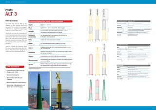 4342
Aids to Navigation
ENVIRONMENT & QUALITY
OPTIONS
Height Between 1 m and 4 m
Material Stainless steel AISI 304 or 316
Ladder Jack ladder with rails above 3 m in height
Door
400 x 400 mm door located on the lower part of the battery and
charger storage compartment
Solar panel Solar panel support bracket located at the top of the post
Radar reflector Stainless steel
CONSTRUCTION
Body
Constructed of 4mm steel sheet metal and shaped like a polygon with
20 sides. Diameter of 500 mm
Lantern supporting bracket Three Ø12 mm holes over a diameter of 200 mm
Material S275JR steel
Galvanized Hot dip galvanized structure in accordance with ISO 1461
Paint
3 coats of paint, polyurethane finish, final thickness when dry is
greater than 120 microns
Anchor bolts Includes 6 M12 stainless steel anchors A2 (excl. resin)
Manufacturer certificate ISO 9001, ISO14001, IALA industrial member
Standards Eurocodes 1 and 3
Temperature -40o
C TO +80o
C
Colours and shape
IALA Aids to Navigation Guide (Navguide); IALA E-108 recommendation
for surface colours used for visual aids to navigation
Maintenance Painting every 5 years (estimated under normal conditions)
Service life
Galvanized steel posts: 20 years
Stainless steel posts: 40 years
POSTS
PORT BEACONING
ALT posts are used as aids to na-
vigation in and around ports and
harbours. Not only do they support
a lantern for night time beaconing,
they also act as a day mark.
The posts are built from stainless or
in hot dip galvanized steel painted in
accordance with IALA recommenda-
tions. The final result is a very strong,
weather resistant structure that can
be tailored to the customer’s requi-
rements.
The ALT 3 posts are primarily used
for beaconing inside ports and har-
bours. They have been designed to
work with self contained lanterns.
ALT 3
APPLICATIONS
•	 General marine beaconing for
ranges up to 3 NM
•	 Beacons inside ports
•	 Beacons for channels and
swamps
•	 Beacons exposed to bad weather
•	 Beaconing of breakwaters and
docks at recreational ports
CHARACTERISTICS AND ADVANTAGES
Height Between 1 and 4 m
Shape Cylindrical or conical shaped 20 sided polygon
Strength
Constructed in accordance with Eurocodes 1 and 3.
Calculated to withstand 200 km/h winds
Resistance
to corrosion
Hot dip galvanized in accordance with ISO1461 or
in stainless steel (optional)
Paint 3 layer and 120 micron paint scheme
Range* For use with beacons with a range up to 3 NM
Lantern
Designed to operate with small standalone lanterns from
any manufacturer
Installation
Stainless steel anchor bolts; can be fastened using a chemi-
cal resin as an option
Colours In accordance with IALA E108 recommendations
Manufacturing
In accordance with standards ISO 9001, ISO 14001 and IALA
recommendations
Service
Almarin offers advice to their customers and recommends
the product that is best suited for each application
*The daytime range of an object depends on its size, the atmospheric visibility and the contrast with the background. Nominal range
defined by Puertos del Estado for Spain.
 