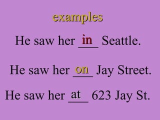 examples He saw her ___ Seattle. in He saw her ___ Jay Street. He saw her ___ 623 Jay St. on at