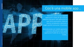 SCENARIO
Rientrano sotto questo cappello
applicazioni create per gli scopi più
differenti (dai giochi alle applicazioni di
sales force automation), dalle più
diverse complessità e destinate a
target specifici (consumer o business).
Generalizzando con mobile application
si possono identificare tutte quelle
applicazioni fruibili da un dispositivo
mobile…
Cos’è una mobile app…
Copyright©2016AtonS.p.A.
 