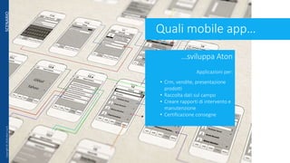 SCENARIO
…sviluppa Aton
Applicazioni per:
• Crm, vendite, presentazione
prodotti
• Raccolta dati sul campo
• Creare rapporti di intervento e
manutenzione
• Certificazione consegne
Quali mobile app…
Copyright©2016AtonS.p.A.
 