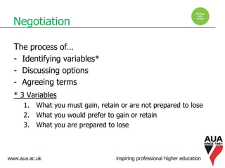www.aua.ac.uk inspiring professional higher education
Negotiation
The process of…
- Identifying variables*
- Discussing options
- Agreeing terms
* 3 Variables
1. What you must gain, retain or are not prepared to lose
2. What you would prefer to gain or retain
3. What you are prepared to lose
 