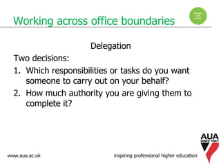 www.aua.ac.uk inspiring professional higher education
Working across office boundaries
Delegation
Two decisions:
1. Which responsibilities or tasks do you want
someone to carry out on your behalf?
2. How much authority you are giving them to
complete it?
 