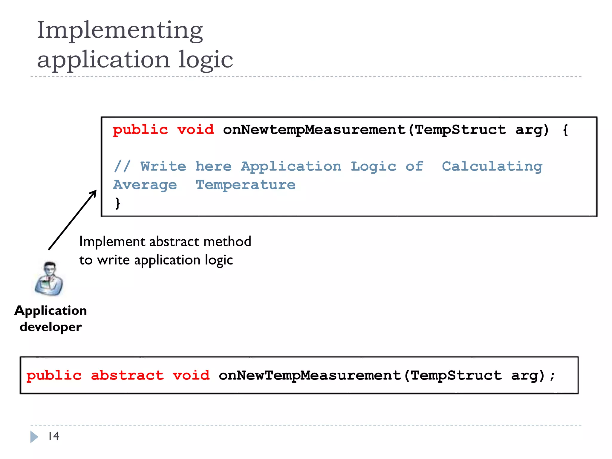 14
public abstract void onNewTempMeasurement(TempStruct arg);
Implementing
application logic
public void onNewtempMeasurement(TempStruct arg) {
// Write here Application Logic of Calculating
Average Temperature
}
Application
developer
Implement abstract method
to write application logic
 