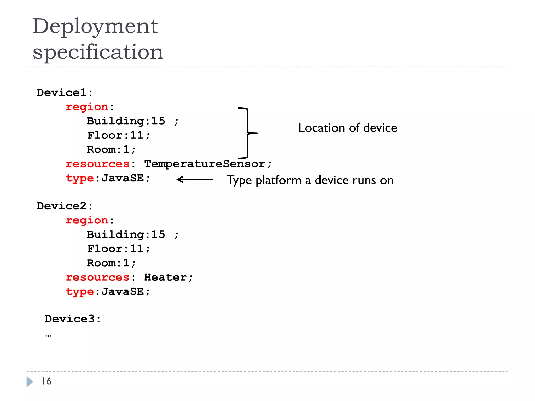 Deployment
specification
16
Device1:
region:
Building:15 ;
Floor:11;
Room:1;
resources: TemperatureSensor;
type:JavaSE;
Device3:
…
Location of device
Type platform a device runs on
Device2:
region:
Building:15 ;
Floor:11;
Room:1;
resources: Heater;
type:JavaSE;
 