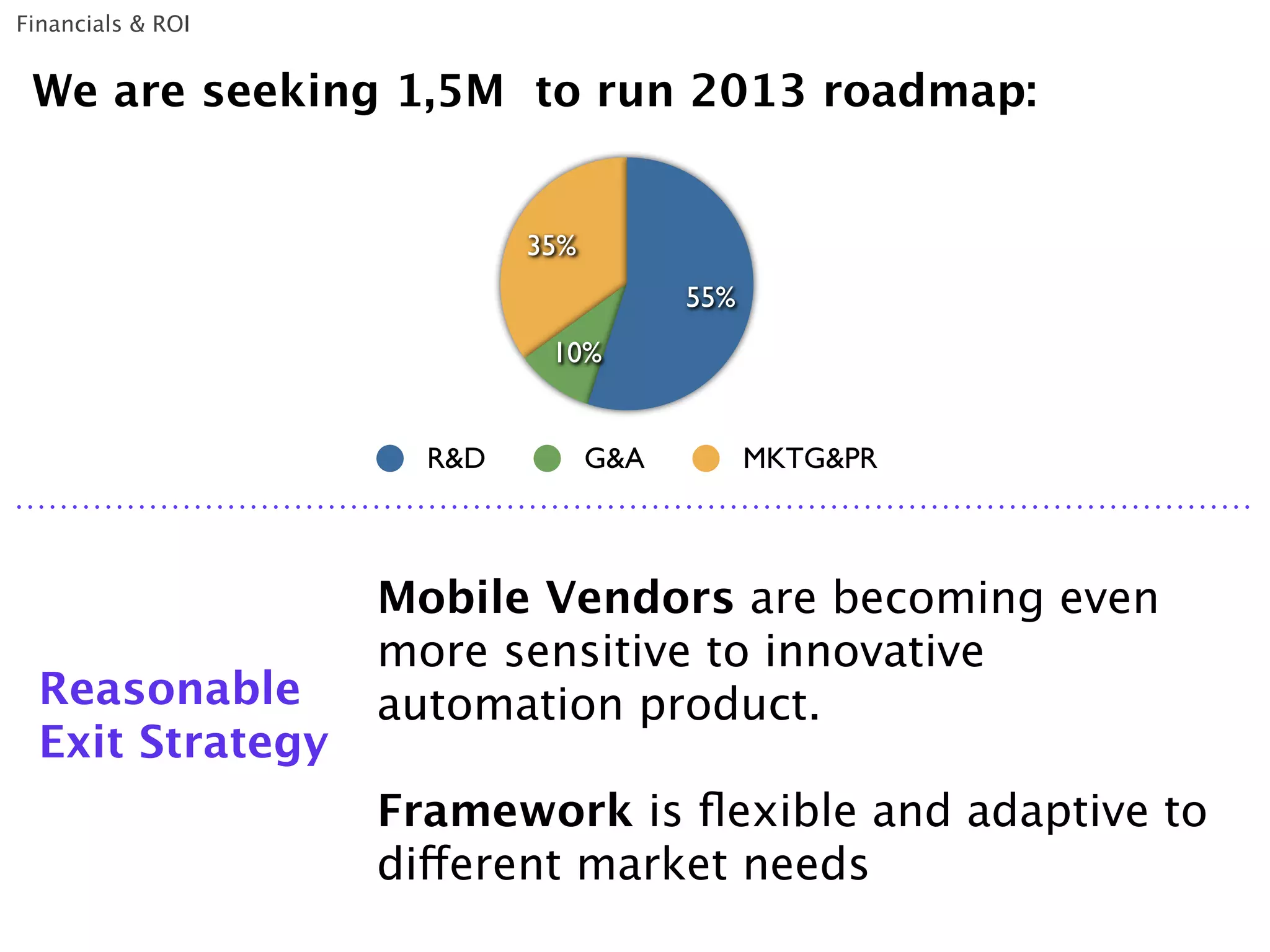 Financials & ROI


 We are seeking 1,5M to run 2013 roadmap:


                           35%
                                       55%
                            10%


                     R&D         G&A         MKTG&PR



                   Mobile Vendors are becoming even
                   more sensitive to innovative
  Reasonable       automation product.
  Exit Strategy
                   Framework is ﬂexible and adaptive to
                   different market needs
 