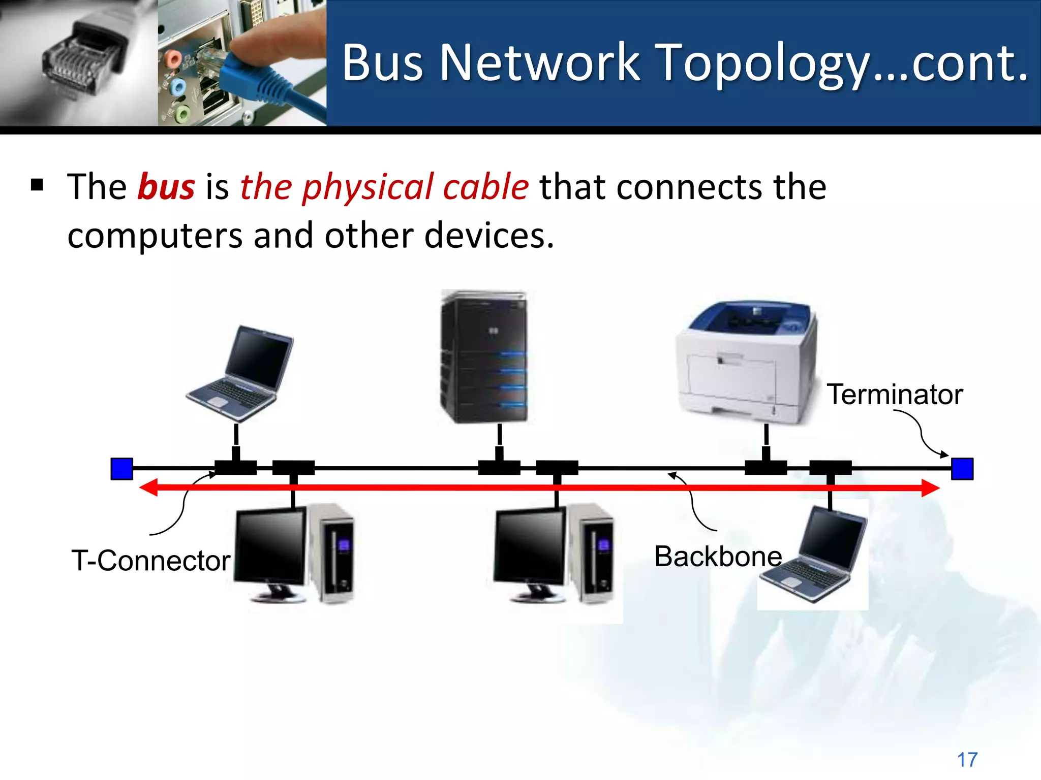 Bus Network Topology…cont.

 The bus is the physical cable that connects the
  computers and other devices.


                                                 Terminator




  T-Connector                         Backbone




                                                          17
 