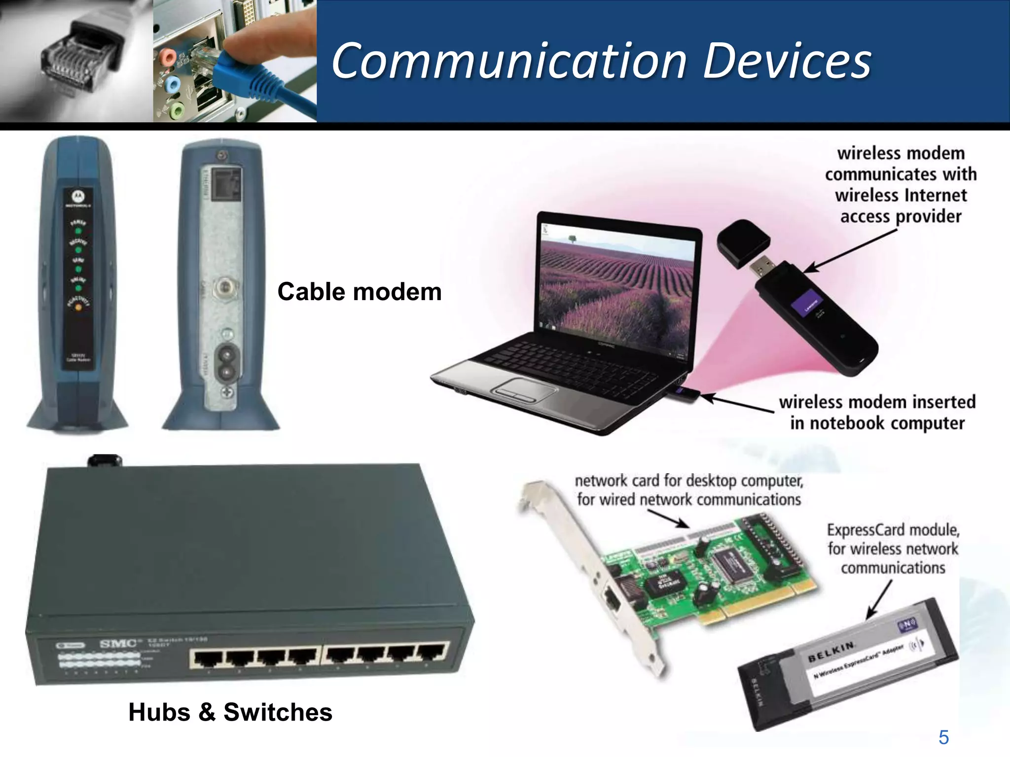 Communication Devices


          Cable modem




Hubs & Switches
                                      5
 