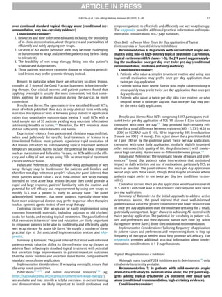 over continued standard topical therapy alone (conditional rec-
ommendation, very low-certainty evidence)
Conditions to consider:
1. Resources and time to become educated, including the possibility
of in-clinic demonstration, about the process and practicalities of
efﬁciently and safely applying wet wraps.
2. Location of AD lesions (sensitive areas may be more challenging
or burdensome to wrap, and therefore patients may be less likely
to tolerate it).
3. The feasibility of wet wrap therapy ﬁtting into the patient’s
schedule and daily routines.
4. Those patients with more extensive disease or relapsing general-
ized lesions may prefer systemic therapy instead.
Remark: In particular when there are refractory localized lesions,
consider all 5 steps of the Good Practice Statement before intensify-
ing therapy. Our clinical experts and patient partners found that
applying overnight is usually the most convenient, but that some-
times applying for a shorter duration during the day can be more
convenient.
Beneﬁts and Harms: The systematic review identiﬁed 8 small RCTs,
most of which published their data in only abstract form with only
narrative description of tests of between group statistical signiﬁcance
rather than quantitative outcome data, leaving 3 small RCTs with a
total sample size of 53 patients yielding very uncertain information
addressing beneﬁts or harms.14
Therefore, the RCT evidence alone
did not sufﬁciently inform beneﬁts and harms.
Experiential evidence from patients and clinicians suggested that,
when used judiciously for speciﬁc, local treatment of lesions in a
time-limited fashion, most patients experience rapid resolution of
AD lesions refractory to corresponding topical treatment without
temporary occlusion. Harms include the potential for local irritation
such as maceration and folliculitis. To date, no RCTs address the efﬁ-
cacy and safety of wet wraps using TCIs or other topical treatment
classes under occlusion.
Values and Preferences: Although whole-body applications of wet
wrap therapy may be burdensome for patients and families and
therefore not align with most people’s values, the panel inferred that
most patients would value a local, time-limited wet wrap therapy
intended to treat acute local lesions because they could provide a
rapid and large response, patients’ familiarity with the routine, and
potential for self-efﬁcacy and empowerment by using wet wraps to
modify TCS that a patient is likely to already have. The panel
acknowledged, however, that some patients, especially those who
have more widespread disease, may prefer to pursue other therapies
such as systemic agents instead of wet wrap therapy.
Contextual Factors: Wet wraps can be easily implemented using
common household materials, including pajamas or old clothes/
socks for hands, and existing topical treatments. The panel inferred
that resources in terms of time and education are likely important
to empower patients to be able to conﬁdently and efﬁciently apply
wet wrap therapy for acute AD ﬂares. We supply a number of these
practical tips in the associated implementation section and eAp-
pendix.
Summary of Rationale: The panel inferred that most well-informed
patients would value the ability for themselves to step up therapy to
address ﬂares refractory to standard topical treatment, with potential
but uncertain large improvements in patient-important outcomes
than the minor burdens and uncertain minor harms, compared with
standard nonocclusive application.
Implementation Considerations: If wrapping overnight, ensure that
the wrap is not constrictive.
Publications174,175
and online educational resources176
(eg,
https://nationaleczema.org/eczema/treatment/wet-wrap-therapy/)
are available and may provide a helpful overview. In-person training
and demonstration are likely important to instill conﬁdence and
empower patients to effectively and efﬁciently use wet wrap therapy.
The eAppendix provides additional practical information and imple-
mentation considerations in1-2 page handouts.
Once Daily vs Two or More Times Per Day Application of Topical
Corticosteroids or Topical Calcineurin Inhibitors
Recommendation 6: In patients with uncontrolled atopic der-
matitis using mid-to high-potency topical treatments (tacrolimus,
topical corticosteroid US classes 1-5), the JTF panel suggests apply-
ing the medication once per day over twice per day (conditional
recommendation, moderate certainty evidence).
Conditions to consider:
1. Patients who value a simpler treatment routine and using less
overall medication may prefer once per day application than
twice per day application.
2. Patients with a more severe ﬂare or who might value resolving it
more quickly may prefer twice per day application than once per
day application.
3. Patients who value a twice per day skin care routine, or who
respond better to twice per day use, than once per day, may pre-
fer the twice daily application.
Beneﬁts and Harms: Nine RCTs comprising 1507 participants eval-
uated twice per day application of TCS (US classes 1-5) or tacrolimus
compared with once per day.14
They provided high-certainty evi-
dence for a small difference between regimens (MD 3.33 [4.28 to
2.39] on SCORAD scale 0-103; RD to improve by 50% from baseline
5 more per 100 [1-9 more]). This is just above the a priori threshold
of 3 per 100 set by the guideline panel. Twice per day application,
compared with once daily application, similarly slightly improved
other outcomes (itch, quality of life, sleep disturbance) with moder-
ate or high certainty. Harms were no different between groups.14
Values and Preferences: The systematic review of values and pref-
erences20
found that patients value interventions that minimized
impact on daily activities and use of medications, particularly TCS, as
much as possible. The panel inferred that once per day application
would align with these values, though there may be situations where
patients might prefer to use twice per day (see conditions to con-
sider).
Contextual Factors: Once per day application would use less overall
TCS and TCI and could lead to less resource use compared with twice
per day application.
Summary of Rationale: As the initial approach to address active
eczematous lesions, the panel inferred that most well-informed
patients would value the greater convenience and lower resource use
of once per day application than the moderate certainty for a small,
potentially unimportant, larger chance in achieving AD control with
twice per day application. The potential for variability in patient val-
ues and preferences and their dynamic nature over time (eg, when
facing more severe ﬂares) drove the conditional recommendation.
Implementation Considerations: Tailoring frequency of application
to patient values and preferences and empowering them to step up
frequency of therapy as needed could help promote self-efﬁcacy. The
eAppendix provides additional practical information about imple-
mentation considerations in 1-2 page handouts.
Topical Phosphodiesterase 4 Inhibitors
Although many topical PDE4 inhibitors are in development14
, only
crisaborole is currently available.
Recommendation 7: In patients with mild-moderate atopic
dermatitis refractory to moisturization alone, the JTF panel sug-
gests adding topical crisaborole 2% ointment over usual care
alone (conditional recommendation, high-certainty evidence).
Conditions to consider:
ARTICLE IN PRESS
D.K. Chu et al. / Ann Allergy Asthma Immunol 00 (2023) 1−39 17
 