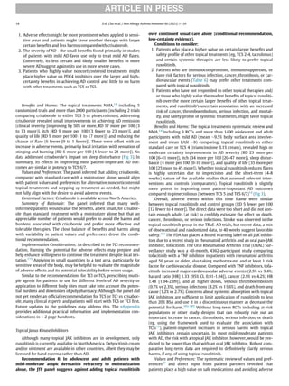 1. Adverse effects might be more prominent when applied to sensi-
tive areas and patients might favor another therapy with larger
certain beneﬁts and less harms compared with crisaborole.
2. The severity of AD - the small beneﬁts found primarily in studies
of patients with mild AD favor use only to treat mild AD ﬂares.
Conversely, its less certain and likely smaller beneﬁts in more
severe AD suggest against its use in more severe cases.
3. Patients who highly value noncorticosteroid treatments might
place higher value on PDE4 inhibitors over the larger and high-
certainty beneﬁts in achieving AD control and little to no harm
with other treatments such as TCS or TCI.
Beneﬁts and Harms: The topical treatments NMA,14
including 5
randomized trials and more than 2000 participants (including 2 trials
comparing crisaborole to either TCS 5 or pimecrolimus), addressing
crisaborole revealed small improvements in achieving AD remission
(clinical severity [improving by 50% or more, RD 17 more per 100 (3
to 33 more)], itch [RD 9 more per 100 (3 fewer to 23 more)], and
quality of life [RD 9 more per 100 (1 to 17 more)]) and reducing the
chance of ﬂare (6 fewer [9 to 1 fewer]). These were offset with an
increase in adverse events, primarily local irritation with sensation of
stinging and burning (RD 6 more per 100 [4 fewer to 21 more]). No
data addressed crisaborole’s impact on sleep disturbance (Fig 3). In
summary, its effects in improving most patient-important AD out-
comes are similar in potency to TCS 6/7.
Values and Preferences: The panel inferred that adding crisaborole,
compared with standard care with a moisturizer alone, would align
with patient values and preferences for alternative noncorticosteroid
topical treatments and stepping up treatment as needed, but might
not fully align with the desire to avoid adverse events.
Contextual Factors: Crisaborole is available across North America.
Summary of Rationale: The panel inferred that many well-
informed patients would value the beneﬁts, albeit small, for crisabor-
ole than standard treatment with a moisturizer alone but that an
appreciable number of patients would prefer to avoid the harms and
burdens associated with crisaborole and prefer more effective and
tolerable therapies. The close balance of beneﬁts and harms along
with variability in patient values and preferences drove the condi-
tional recommendation.
Implementation Considerations: As described in the TCI recommen-
dation, framing the potential for adverse effects may prepare and
help enhance willingness to continue the treatment despite local irri-
tation.173
Applying in small quantities to a test area, particularly for
sensitive areas of the body, may be helpful to evaluate the magnitude
of adverse effects and its potential tolerability before wider usage.
Similar to the recommendations for TCI or TCS, prescribing multi-
ple agents for patients to use for different levels of AD severity or
application to different body sites must take into account the poten-
tial burdens and downsides of polypharmacy. Although the panel did
not yet render an ofﬁcial recommendation for TCS or TCI vs crisabor-
ole, many clinical experts and patients will start with TCS or TCI ﬁrst.
Future updates to the guidelines may address this. The eAppendix
provides additional practical information and implementation con-
siderations in 1-2 page handouts.
Topical Janus Kinase Inhibitors
Although many topical JAK inhibitors are in development, only
ruxolitinib is currently available in North America. Delgocitinib cream
and/or ointment are available in other countries, albeit they may be
licensed for hand eczema rather than AD.
Recommendation 8: In adolescent and adult patients with
mild-moderate atopic dermatitis refractory to moisturization
alone, the JTF panel suggests against adding topical ruxolitinib
over continued usual care alone (conditional recommendation,
low-certainty evidence).
Conditions to consider:
1. Patients who place a higher value on certain larger beneﬁts and
safety proﬁle of other topical treatments (eg, TCS 2-4, tacrolimus)
and certain systemic therapies are less likely to prefer topical
ruxolitinib.
2. Patients who are immunocompromised, immunosuppressed, or
have risk factors for serious infection, cancer, thrombosis, or car-
diovascular events (Table 6) may prefer other treatments com-
pared with topical ruxolitinib.
3. Patients who have not responded to other topical therapies and/
or those who highly value the modest beneﬁts of topical ruxoliti-
nib over the more certain larger beneﬁts of other topical treat-
ments, and ruxolitinib’s uncertain association with an increased
risk of cancer, thromboembolism, serious infection, and mortal-
ity, and safety proﬁle of systemic treatments, might favor topical
ruxolitinib.
Beneﬁts and Harms: The topical treatments systematic review and
NMA,14
including 3 RCTs and more than 1400 adolescent and adult
participants with mild AD (mean »9.5% body surface area involve-
ment and mean EASI »8) comparing, topical ruxolitinib vs either
standard care or TCS 4 (triamcinolone 0.1% cream), revealed high or
moderate certainty improvements in AD severity (RD 23 more per
100 [6-41 more]), itch (34 more per 100 [20-47 more]), sleep distur-
bance (4 more per 100 [0-10 more]), and quality of life (35 more per
100 [25 more to 45 more]). Whether topical ruxolitinib reduces ﬂares
is highly uncertain due to imprecision and the short-term (4-8
weeks) nature of the available studies that assessed relevant inter-
ventions and controls (comparators). Topical ruxolitinib is slightly
more potent in improving most patient-important AD outcomes
compared to pimecrolimus (between TCS 5 and TCS 6/7)14
(Fig 3).
Overall, adverse events within this time frame were similar
between topical ruxolitinib and control groups (RD 5 fewer per 100
[12 fewer to 4 more]). The direct data were too short and did not con-
tain enough adults (at risk) to credibly estimate the effect on death,
cancer, thrombosis, or serious infections. Stroke was observed in the
topical ruxolitinib group in the TRuE-AD trials, but recent data, a mix
of observational and randomized data, to 40 weeks suggest favorable
safety.182
The FDA has placed a Boxed Warning label on all JAK inhibi-
tors due to a recent study in rheumatoid arthritis and an oral pan-JAK
inhibitor, tofacitinib. The Oral Rheumatoid Arthritis Trial (ORAL) Sur-
veillance study was a 40-month, 4362-participant study comparing
tofacitinib with a TNF inhibitor in patients with rheumatoid arthritis
aged 50 years or older, also taking methotrexate, and at least 1 risk
factor for cardiovascular disease. Compared with TNF inhibitors, tofa-
citinib increased major cardiovascular adverse events (2.5% vs 3.4%;
hazard ratio [HR] 1.33 [95% CI, 0.91-1.94]), cancer (2.9% vs 4.2%; HR
1.48 [1.04-2.09]), and at higher doses, venous thromboembolism
(0.7% vs 2.3%), serious infections (8.2% vs 11.6%), and death from any
cause (1.2% vs 2.7%). Concerns about systemic absorption with topical
JAK inhibitors are sufﬁcient to limit application of ruxolitinib to less
than 20% BSA and use it in a discontinuous manner as decrease the
potential for harm.183-185
Without long-term RCTs including at-risk
populations or other study designs that can robustly rule out an
important increase in cancer, thrombosis, serious infection, or death
(eg, using the framework used to evaluate the association with
TCIs15
), patient-important increases in serious harms with topical
JAK inhibitors remain uncertain. In most mild-moderate patients
with AD, the risk with a topical JAK inhibitor, however, would be pre-
dicted to be lower than that with an oral JAK inhibitor. Robust com-
parative long-term data are required to deﬁnitively clarify serious
harms, if any, of using topical ruxolitinib.
Values and Preferences: The systematic review of values and pref-
erences20
and direct input from patient partners revealed that
patients place a high value on safe medications and avoiding adverse
ARTICLE IN PRESS
18 D.K. Chu et al. / Ann Allergy Asthma Immunol 00 (2023) 1−39
 