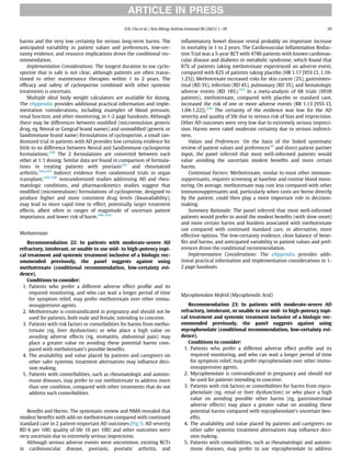 harms and the very low certainty for serious long-term harms. The
anticipated variability in patient values and preferences, low-cer-
tainty evidence, and resource implications drove the conditional rec-
ommendation.
Implementation Considerations: The longest duration to use cyclo-
sporine that is safe is not clear, although patients are often transi-
tioned to other maintenance therapies within 1 to 2 years. The
efﬁcacy and safety of cyclosporine combined with other systemic
treatments is uncertain.
Multiple ideal body weight calculators are available for dosing.
The eAppendix provides additional practical information and imple-
mentation considerations, including examples of blood pressure,
renal function, and other monitoring, in 1-2 page handouts. Although
there may be differences between modiﬁed (microemulsion generic
drug, eg, Neoral or Gengraf brand names) and unmodiﬁed (generic or
Sandimmune brand name) formulations of cyclosporine, a small ran-
domized trial in patients with AD provides low certainty evidence for
little to no difference between Neoral and Sandimmune cyclosporine
formulations.240
The 2 formulations are converted between each
other at 1:1 dosing. Similar data are found in comparison of formula-
tions in treating patients with psoriasis241
and rheumatoid
arthritis.242,243
Indirect evidence from randomized trials in organ
transplant,244-248
nonrandomized studies addressing AD and rheu-
matologic conditions, and pharmacokinetics studies suggest that
modiﬁed (microemulsion) formulations of cyclosporine, designed to
produce higher and more consistent drug levels (bioavailability),
may lead to more rapid time to effect, potentially larger treatment
effects, albeit often in ranges of magnitude of uncertain patient
importance, and lower risk of harm.249-254
Methotrexate
Recommendation 22: In patients with moderate-severe AD
refractory, intolerant, or unable to use mid- to high-potency topi-
cal treatment and systemic treatment inclusive of a biologic rec-
ommended previously, the panel suggests against using
methotrexate (conditional recommendation, low-certainty evi-
dence).
Conditions to consider:
1. Patients who prefer a different adverse effect proﬁle and its
required monitoring, and who can wait a longer period of time
for symptom relief, may prefer methotrexate over other immu-
nosuppressive agents.
2. Methotrexate is contraindicated in pregnancy and should not be
used for patients, both male and female, intending to conceive.
3. Patients with risk factors or comorbidities for harms from metho-
trexate (eg, liver dysfunction) or who place a high value on
avoiding adverse effects (eg, stomatitis, abdominal pain) may
place a greater value on avoiding these potential harms com-
pared with methotrexate’s possible beneﬁts.
4. The availability and value placed by patients and caregivers on
other safer systemic treatment alternatives may inﬂuence deci-
sion making.
5. Patients with comorbidities, such as rheumatologic and autoim-
mune diseases, may prefer to use methotrexate to address more
than one condition, compared with other treatments that do not
address such comorbidities.
Beneﬁts and Harms: The systematic review and NMA revealed that
modest beneﬁts with add-on methotrexate compared with continued
standard care in 2 patient-important AD outcomes (Fig 5; AD severity
RD 6 per 100; quality of life 10 per 100) and other outcomes were
very uncertain due to extremely serious imprecision.
Although serious adverse events were uncommon, existing RCTs
in cardiovascular disease, psoriasis, psoriatic arthritis, and
inﬂammatory bowel disease reveal probably no important increase
in mortality in 1 to 2 years. The Cardiovascular Inﬂammation Reduc-
tion Trial was a 5-year RCT with 4786 patients with known cardiovas-
cular disease and diabetes or metabolic syndrome, which found that
87% of patients taking methotrexate experienced an adverse event,
compared with 82% of patients taking placebo (HR 1.17 [95% CI, 1.10-
1.25]). Methotrexate increased risks for skin cancer (2%), gastrointes-
tinal (RD 3%), infection (RD 4%), pulmonary (RD 3%), and hematologic
adverse events (RD 18%).255
In a meta-analysis of 68 trials (6938
patients), methotrexate, compared with placebo or standard care,
increased the risk of one or more adverse events (RR 1.13 [95% CI,
1.04-1.22]).256
The certainty of the evidence was low for the AD
severity and quality of life due to serious risk of bias and imprecision.
Other AD outcomes were very low due to extremely serious impreci-
sion. Harms were rated moderate certainty due to serious indirect-
ness.
Values and Preferences: On the basis of the linked systematic
review of patient values and preferences20
and direct patient partner
input, the panel inferred that most well-informed patients would
value avoiding the uncertain modest beneﬁts and more certain
harms.
Contextual Factors: Methotrexate, similar to most other immuno-
suppressants, requires screening at baseline and routine blood moni-
toring. On average, methotrexate may cost less compared with other
immunosuppressants and, particularly when costs are borne directly
by the patient, could then play a more important role in decision-
making.
Summary Rationale: The panel inferred that most well-informed
patients would prefer to avoid the modest beneﬁts (with slow onset)
and more certain harms and burdens associated with methotrexate
use compared with continued standard care, or alternative, more
effective options. The low-certainty evidence, close balance of bene-
ﬁts and harms, and anticipated variability in patient values and pref-
erences drove the conditional recommendation.
Implementation Considerations: The eAppendix provides addi-
tional practical information and implementation considerations in 1-
2 page handouts.
Mycophenolate Mofetil (Mycophenolic Acid)
Recommendation 23: In patients with moderate-severe AD
refractory, intolerant, or unable to use mid- to high-potency topi-
cal treatment and systemic treatment inclusive of a biologic rec-
ommended previously, the panel suggests against using
mycophenolate (conditional recommendation, low-certainty evi-
dence).
Conditions to consider:
1. Patients who prefer a different adverse effect proﬁle and its
required monitoring, and who can wait a longer period of time
for symptom relief, may prefer mycophenolate over other immu-
nosuppressive agents.
2. Mycophenolate is contraindicated in pregnancy and should not
be used for patients intending to conceive.
3. Patients with risk factors or comorbidities for harms from myco-
phenolate (eg, renal or liver dysfunction) or who place a high
value on avoiding possible other harms (eg, gastrointestinal
adverse effects) may place a greater value on avoiding these
potential harms compared with mycophenolate’s uncertain ben-
eﬁts.
4. The availability and value placed by patients and caregivers on
other safer systemic treatment alternatives may inﬂuence deci-
sion making.
5. Patients with comorbidities, such as rheumatologic and autoim-
mune diseases, may prefer to use mycophenolate to address
ARTICLE IN PRESS
D.K. Chu et al. / Ann Allergy Asthma Immunol 00 (2023) 1−39 29
 