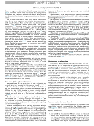 little to no improvement in quality of life, itch, or sleep disturbance14
(Fig 5). Hence, the beneﬁts were low certainty due to very serious
imprecision. The trials often reported that beneﬁts were transient
and disease activity rebounded on systemic corticosteroid discontin-
uation.
The included studies did not report many adverse events. Com-
mon adverse events in patients with AD using systemic corticoste-
roids include rebound ﬂares shortly after drug discontinuation,
weight gain, insomnia, adrenal insufﬁciency, and growth
impairment.259,260
Less than 30 days of oral corticosteroids, for any
indication, is associated with sepsis (IRR, 5.3 [95% CI, 3.80-7.41]; 5 vs
1 per 1000), venous thromboembolism (IRR, 3.33 [2.78-3.99]; 8 vs 2
per 1000), and fracture (1.87 [1.69-2.07]; 27 vs 14 per 1000).259
Clini-
cal experts reported that they often see patients undergoing repeated
cycles of systemic corticosteroids rather than accessing safer and
more effective long-term AD control strategies. For multiple indica-
tions, repeated cycles of short-term (7 days) systemic corticoste-
roids and long-term systemic corticosteroid use cause a range of
common and serious harms.259-263
Adverse effects of repeated use
include fragility fractures secondary to osteoporosis, heart attack/
stroke, diabetes, and obesity.
Values and Preferences: The linked systematic review20
and direct
patient input revealed that patients value rapid-acting interventions
that are both safe and effective. Although systemic corticosteroids
may be both rapid acting and effective, the panel inferred that their
transient beneﬁt and risk for adverse events (including repeated or
prolonged cycles of systemic corticosteroids) did not align with most
patients’ values and preferences.
Contextual Factors: The harms associated with repeated systemic
corticosteroid use, including their association with obtaining them
through the emergency department, urgent care centers, or urgent
clinician visits, consume more resources.
Summary Rationale: The panel inferred that most well-informed
patients would place a higher value on avoiding harms and poor
long-term AD control with systemic corticosteroids vs their uncertain
important beneﬁts. The signiﬁcant harms and burdens in relation to
their often transient beneﬁt and low certainty evidence drove the
conditional recommendation. Their existing overuse264
supported
against their routine use for ﬂare management or bridge therapy. The
eAppendix provides additional practical information and implemen-
tation considerations in 1-2 page handouts.
Mechanisms of Action of Systemic Treatments
Moderate-severe AD can be refractory to topical treatments, so
systemic agents may be needed to achieve disease control.
Dupilumab is a humanized monoclonal antibody (mAb) that binds
the IL-4 receptor alpha subunit. By speciﬁcally targeting IL4Ra, it
inhibits IL-4 and IL-13 signaling to reduce cytokine-induced
responses, including the release of proinﬂammatory cytokines, che-
mokines, and IgE. IL-4 and IL-13 drive the type 2 inﬂammation in
AD.265-267
Tralokinumab is a humanized IgG4 monoclonal antibody that spe-
ciﬁcally binds to IL-13 inhibiting its ability to bind receptors.268
IL-13
is a pleiotropic TH2 cytokine that contributes to skin barrier disrup-
tion, inﬂammation, increased risk of skin infections, itch signaling,
and epidermal hyperplasia.
JAKs are key components of the JAK/STAT pathway for cytokine
receptor signaling which is an integral part of the inﬂammatory path-
ophysiology of AD.269
JAK1 has an important role in signaling through
IL-4, -5, -13 and -31, cytokines associated with AD inﬂammation. In
addition, JAK1 is important in signaling of other cytokines including
IL-2, IL-6, IL-7, IL-9, and IL-15 which are critical for a variety of
immune functions.270
Baricitinib is a selective inhibitor of JAK1 and
JAK2. Second-generation JAK inhibitors have increased selectivity;
abrocitinib and upadacitinib selectively inhibit JAK1. These are small
molecule agents, so systemic adverse effects are of concern. Increased
selectivity of the second-generation agents may reduce associated
adverse events.271
Azathioprine is a purine synthesis inhibitor that reduces leukocyte
proliferation. Azathioprine interferes with T-cell, B-cell, and antigen-
presenting cell functions.272
Cyclosporine is an immunomodulatory medication that inhibits
IL-2 signaling and the function of T lymphocytes through a complex
formed between cyclosporine and cyclophilin.273
Suppression of IL-2
inhibits calcineurin and signal transduction mediated by T-cell recep-
tor activation and in AD, down-regulation of levels of TH2-, TH22-,
and some TH17-related molecules (ie, IL-13, IL-22, CCL17, S100As,
and elaﬁn/peptidase inhibitor 3), and modulation of epidermal
hyperplasia and differentiation measures.274
Methotrexate is an antimetabolite that interferes with folic acid
metabolism, leading to repression of immune cell activation by multi-
ple mechanisms.275
Mycophenolate mofetil is a prodrug of mycophenolic acid (MPA),
an inhibitor of inosine-50
-monophosphate dehydrogenase. MPA
depletes guanosine nucleotides preferentially in T and B lymphocytes
and inhibits their proliferation, thereby suppressing cell-mediated
immune responses and antibody formation. MPA also inhibits the
glycosylation and expression of adhesion molecules, and the recruit-
ment of lymphocytes and monocytes into sites of inﬂammation. MPA
depletes tetrahydrobiopterin and decreases the production of nitric
oxide by inducible nitric oxide synthase, and subsequent oxidative
radicals, by activated macrophages.276-278
NB-UV-B reverses epidermal defects and alters the cutaneous
inﬂammatory milieu.279,280
Limitations of These Guidelines
Limitations of these guidelines include focusing on the most com-
mon aspects of AD care. In particular, we did not address Traditional,
Complementary, or Integrative medicines281
or Indigenous Ways of
Knowing.116
If these interventions or others become more frequently
used, we aim to address them in subsequent living guidelines in
which individual recommendations are updated or added as new evi-
dence arises. Future research may provide robust evidence regarding
these interventions.
AD, similar to many other medical ﬁelds, lacks robust evidence for
safety of medications during pregnancy and breastfeeding. Well-con-
ducted studies to address this population are critically required.
Another issue is that many trials in AD are placebo controlled, which
may be most appropriate during early drug development, but speciﬁc
funding and investigations must be promoted—through professional
organizations, government organizations (eg, National Institutes of
Health/National Institute of Allergy and Infectious Diseases), and pri-
vate organizations—to promote comparative effectiveness and safety
of approved medications and their optimal use in treatment path-
ways. Robust data addressing patients who are pregnant, and that, in
general, address comparative effectiveness may inform future guide-
line recommendations.
Recommendations for Future Research
By reviewing the cumulative data addressing AD to date, the panel
made 22 key research recommendations. The Guideline main text
and eAppendix address research needs for speciﬁc interventions.
Optimize Study Designs
1. Stop split-body studies (where different parts of an individual
patient’s body are randomized to different treatments and dis-
ease activity at each site is compared against each other). These
have signiﬁcant limitations including being unable to adequately
assess adverse events, equally important to efﬁcacy assessments,
ARTICLE IN PRESS
D.K. Chu et al. / Ann Allergy Asthma Immunol 00 (2023) 1−39 31
 